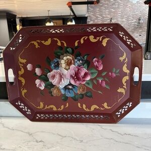 Large 22" Vintage Hand Painted Toleware Floral Tray w/Handles Metal Red